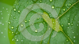 Close-up illustration of a fresh green leaf with dew drops on the leaf. Background. generative AI