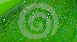 Close-up illustration of a fresh green leaf with dew drops on the leaf. Background. generative AI