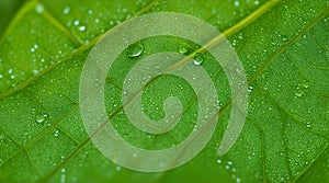 Close-up illustration of a fresh green leaf with dew drops on the leaf. Background. generative AI