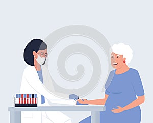 Close-up illustration of a nurse takes blood from a finger for analysis from an elderly woman