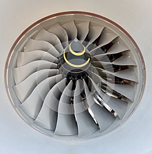 Close up image of an airplane turbine