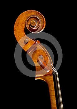 Close up image of antique cello peg box