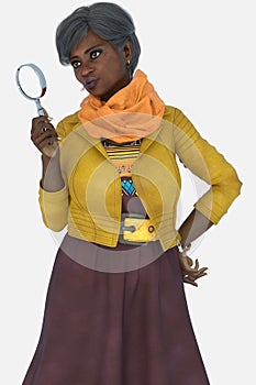 Close up image of a beautiful older woman with graying hair holding a magnifying glass on an isolated white background