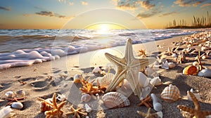 Close-Up Image of a Beautiful Starfish with Seashell on Sandy Beach Captivating Coastal Serenity.