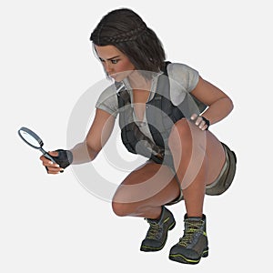 Close up image of a beautiful young woman holding a magnifying glass searching for clues on an isolated white background