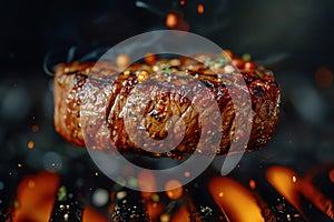 Close-up image of beef medium rare steak slice on a fork on dark background