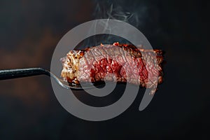 Close-up image of beef medium rare steak slice on a fork on dark background