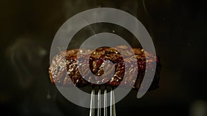 Close-up image of beef medium rare steak slice on a fork on dark background