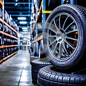 A close-up image of a black car tire in a workshop showcasing its pattern and grip