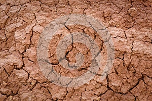 Close up image of brown dry soil texture. Abstract pattern of red-hot cracked clay. Lifeless desert background