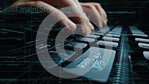 Close-Up of Hands Typing on a Keyboard with Code Lines and Digital Elements in a High-Tech Environment for Programming