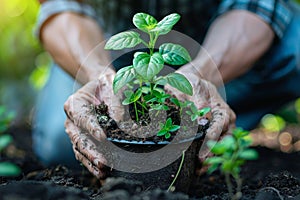 A close-up image captures the nurturing act of hands planting a young green plant into rich brown earth, Generated AI