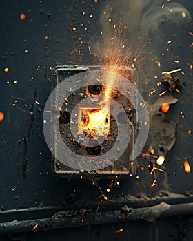 Electrical outlet with sparks and sparks on a dark background. Close-up. photo