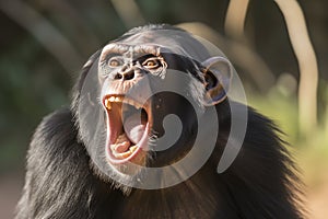 A close-up image capturing an expressive young chimpanzee mid-vocalization with its mouth wide open, in a natural