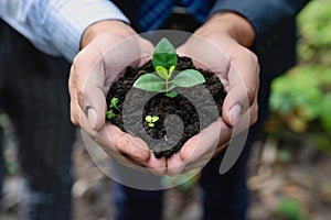 Close-up image capturing a team& x27;s hands nurturing a young plant, symbolizing collaboration and growth