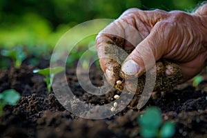 A close-up image capturing the weathered hands of an elderly person gently planting seeds in fertile soil