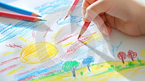 Close-up image of child\'s hand drawing with color pencils.
