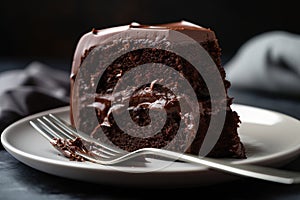 Close-up image of a chocolate sponge cake on a pristine white plate