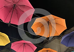 Close-up image of the colourful unbrellas decorating Caudan Waterfront in Port Louis, Mauritius