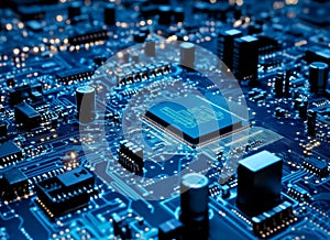 A close-up image of a computer circuit board is visible, featuring a microchip