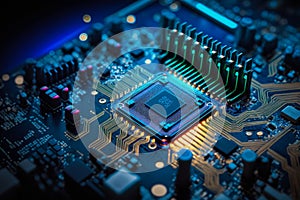 Close up image of cpu chip on computer motherboard. Generative AI