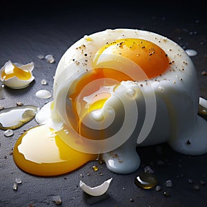 Close-up image of a cracked prepare egg with yolk spilling out, seasoned with pepper, on a dark surface.