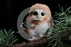 Close-up image of a cute owl chick perched on a pine branch in the enchanting forest