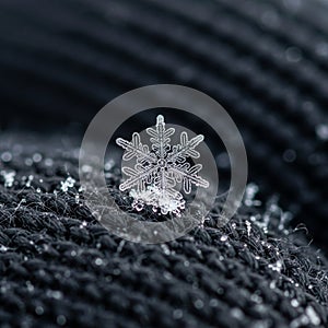 Close-up image of a delicate, intricately patterned snowflake resting on a textured