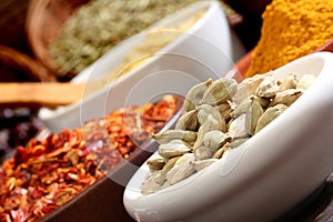 Close up image of different spices,