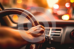 A close-up image of a driver's hand firmly gripping the steering wheel as their car overtakes, with a blurred background,