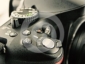 Close-up image of DSLR camera. close-up shutter button for photography