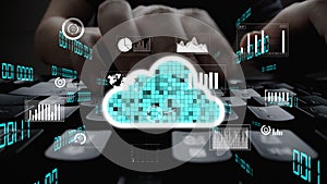 Hands Typing on Keyboard with Cloud Computing Graphics and Data Visualization Elements for Digital Technology and