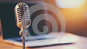 Close-Up of an Old-Fashioned Microphone on a Wooden Table with a Laptop