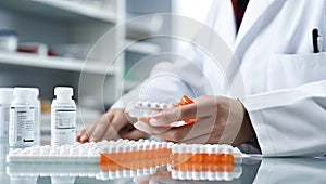 Close-up image of a female doctor holding pills in her hands