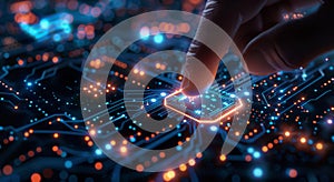 Close-up of finger touching digital screen with glowing circuit board elements