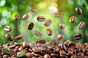 Close-up view of floating coffee beans with a soft green background, showcasing their texture and detail. AI generated photo