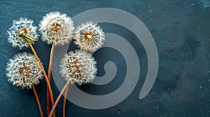 Close Up Image of Fluffy Dandelion Seed Heads on Dark Textured Background with Copy Space, Nature Concept of Growth and Renewal,