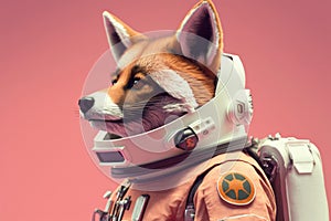 Close up image of a fox in a spacesuit with copy space photo