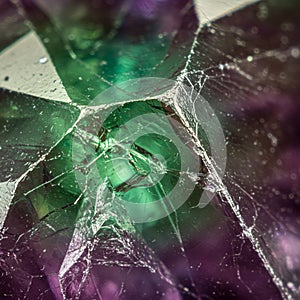 A close-up image of fractured glass or crystal, displaying intricate patterns of cracks
