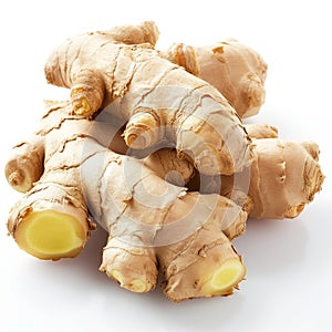 A close-up image of fresh ginger root isolated on a white background.