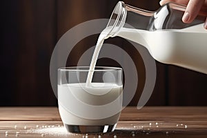 Creamy milk being poured into a glass from a bottle on warm brown background