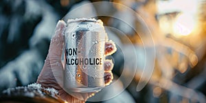 Close-up image of a frosty can of non-alcoholic beer, with \