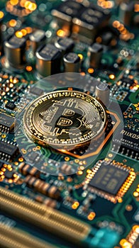 A close-up image of a gold Bitcoin coin on a green circuit board