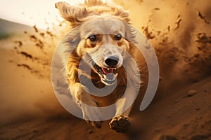 Close-up image of Golden Retriever dog running on the ground in brown tones