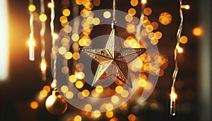 Golden Star Christmas Ornament with Festive Bokeh Lights Background, AI Generated