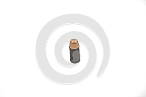 Steel cased, copper jecketed handgun bullets on a white background