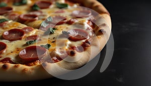 Close-up image of half a pizza with salami, cheese and herbs on a black background.