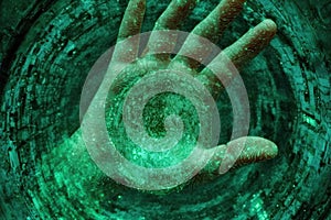 Futuristic Biometric Security Scanner Hand Close-Up with Digital Interface Effect