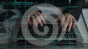 Hands typing on laptop keyboard with digital coding overlay, binary code, programming concepts, technology, and work