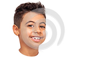 Close up image of handsome emotional black little boy wearing white t-shirt having fun, laughing out loud